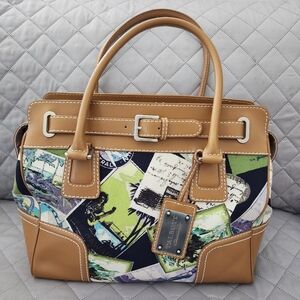 Talbots Travel Postcard Canvas Leather Totebag Purse With Leather Handles